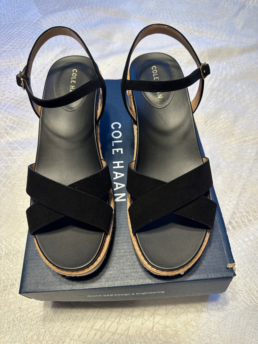 Cole Haan Black Suede Wedge Sandals with Ankle Strap - Picture 2 of 8